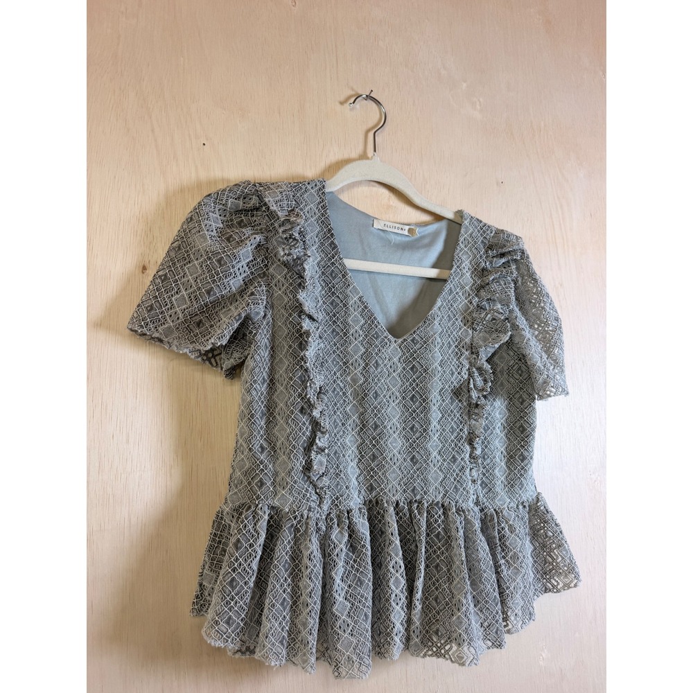Ellison Lace Peplum Top Womens Small Blue Grey Excellent V-Neck Ruffle Flutter - Picture 3 of 8